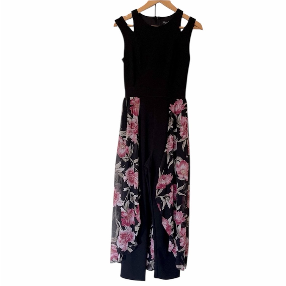 Alexa B Nites Black Floral Overlay Jumpsuit | Size 4